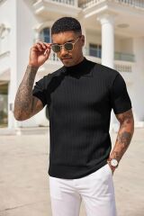Sow Yarım Balıkçı Triko T-Shirt Siyah - 2XL