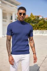 Sow Yarım Balıkçı Triko T-Shirt sax - XL