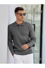 Maniche Polo Yaka Erkek Triko Kazak Koyu Gri - 2XL