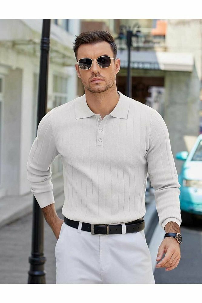 Maniche Polo Yaka Erkek Triko Kazak Beyaz - 2XL