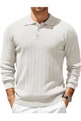Maniche Polo Yaka Erkek Triko Kazak Beyaz - 2XL