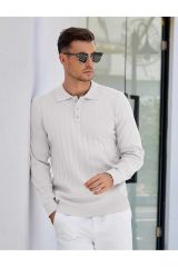 Maniche Polo Yaka Erkek Triko Kazak Beyaz - 2XL