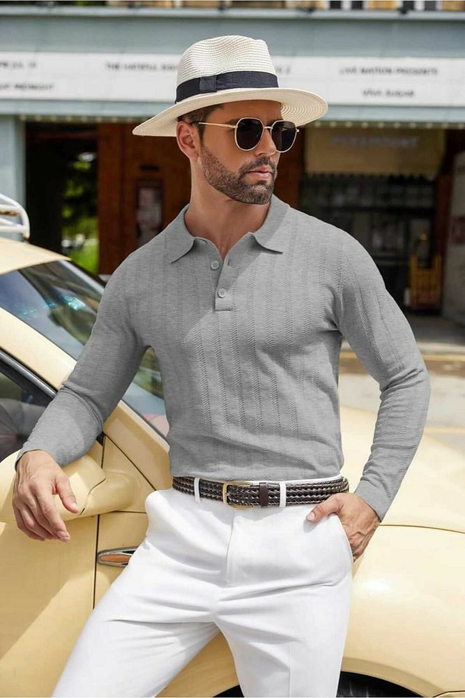 Cosmos Polo Yaka Erkek Triko Kazak Açık Gri - 3XL