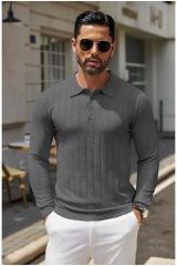 Cosmos Polo Yaka Erkek Triko Kazak Koyu Gri - 2XL