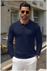 Cosmos Polo Yaka Erkek Triko Kazak Lacivert - 2XL