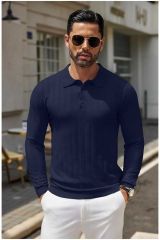 Cosmos Polo Yaka Erkek Triko Kazak Lacivert - M