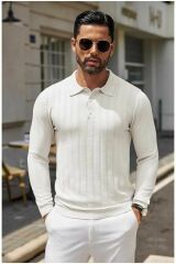 Cosmos Polo Yaka Erkek Triko Kazak Beyaz - 3XL