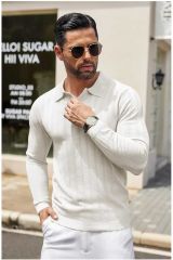Cosmos Polo Yaka Erkek Triko Kazak Beyaz - L