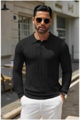 Cosmos Polo Yaka Erkek Triko Kazak Siyah - XL
